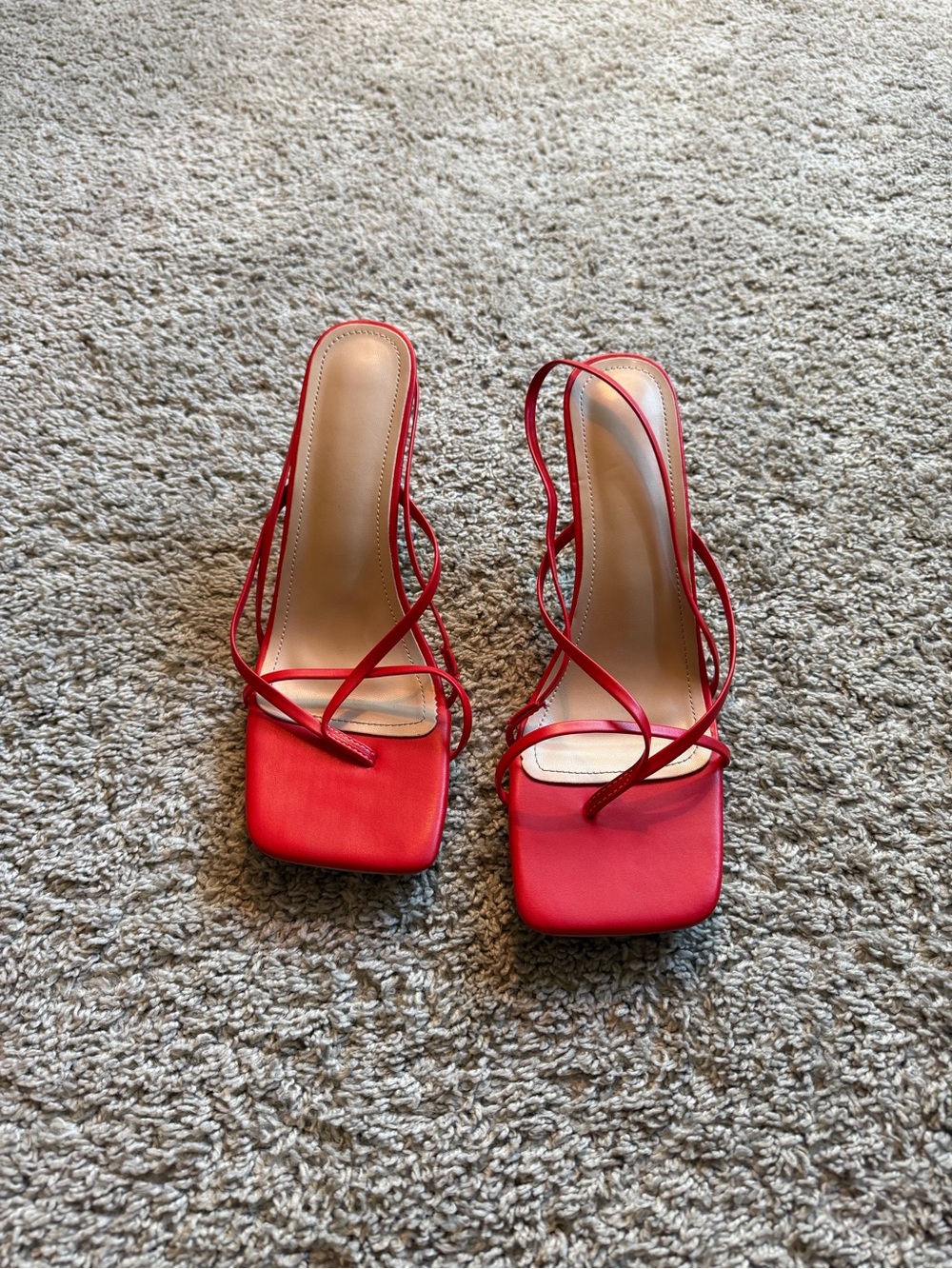 Red Strappy Square-Toe Slingback Heels